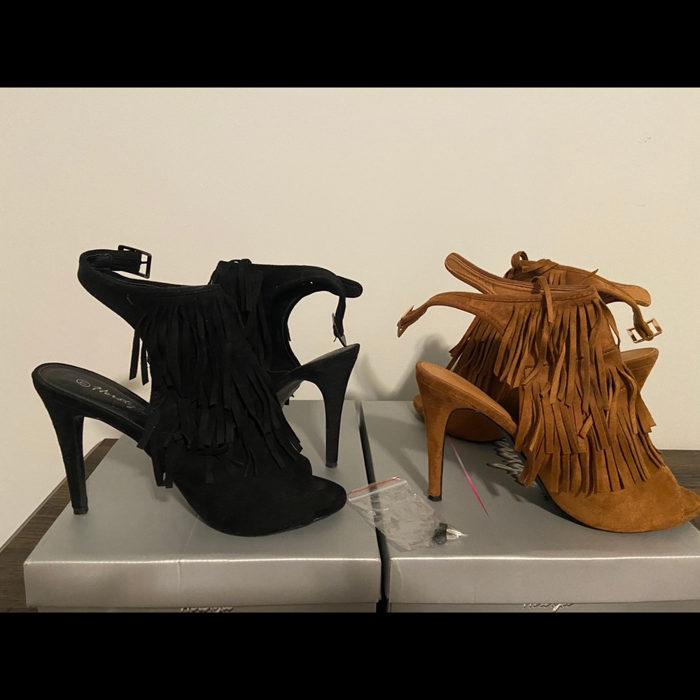 Two Pair Fringe Heels, 4 inches, Black and Cognac